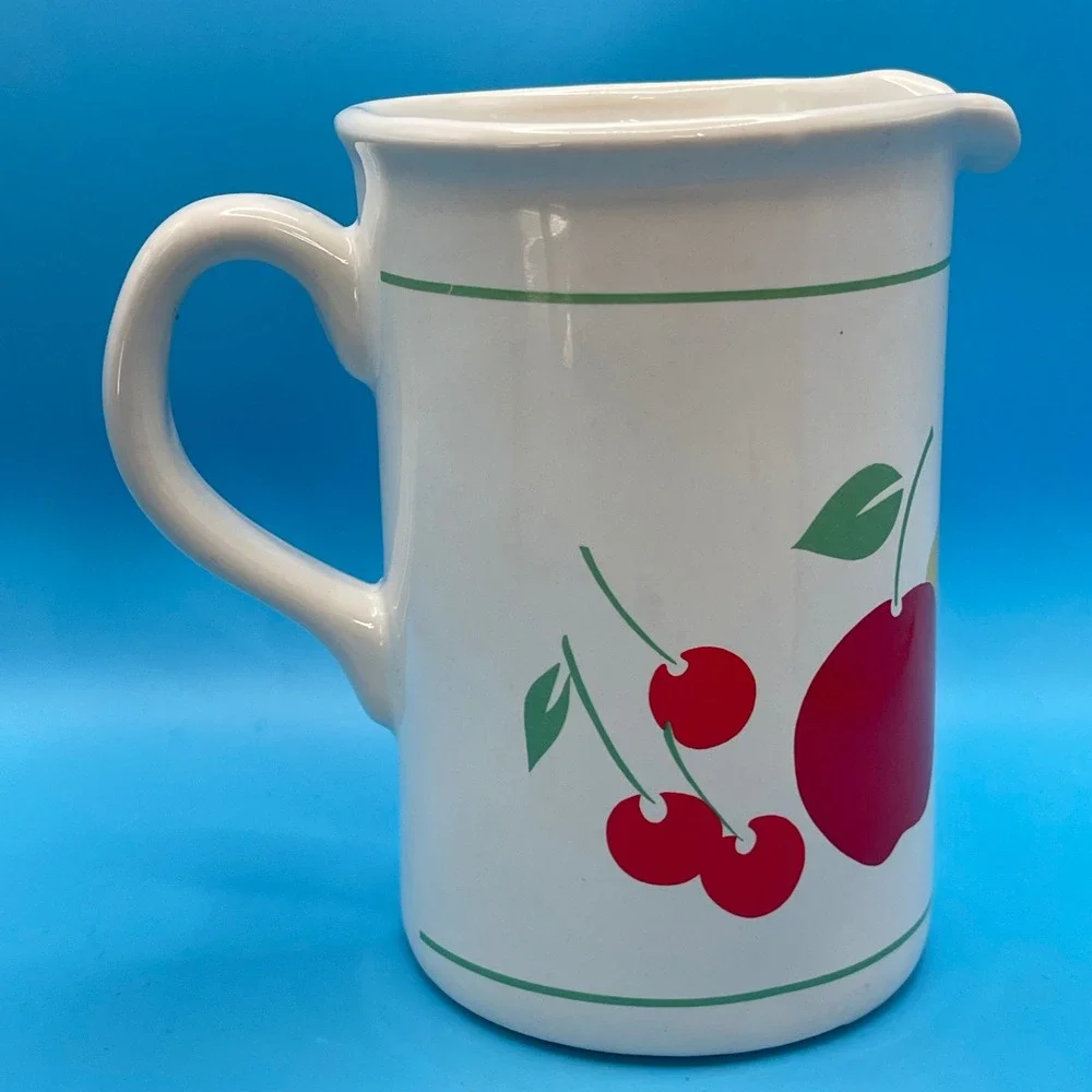 Vintage Fruit Ceramic Pitcher White Apple Pear Strawberry Cherry 80s 90s Country